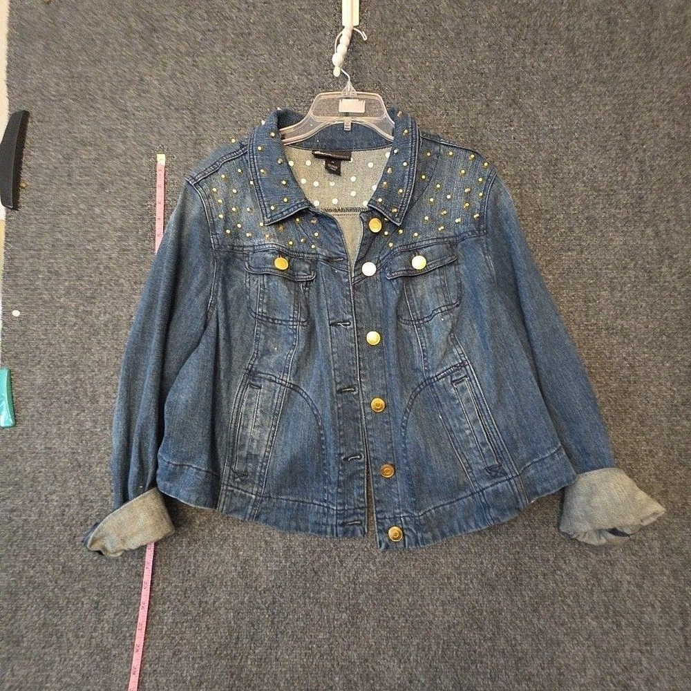 Lane Bryant 22 Studded Denim Jacket Blue Cropped Button Front Pockets Gold